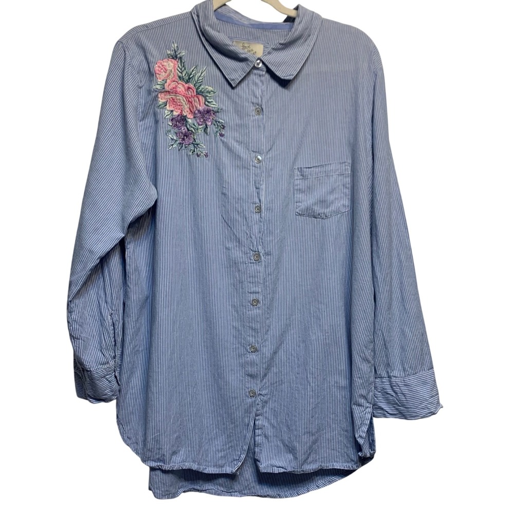 Love to Lounge Button Down Shirt Womens L‎ Blue White Striped Floral Embroidered